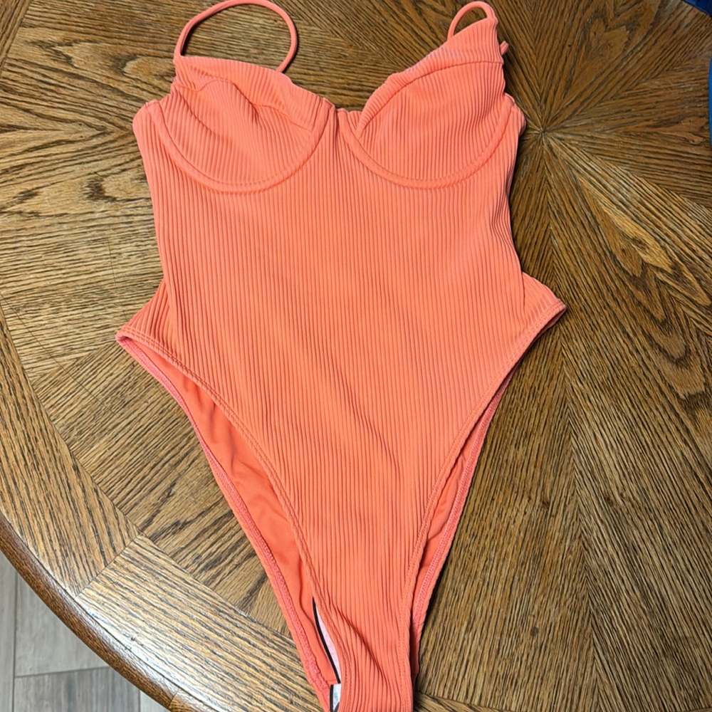 PacSun NWT S orange ribbed underwire high side tie open back one piece swimsuit